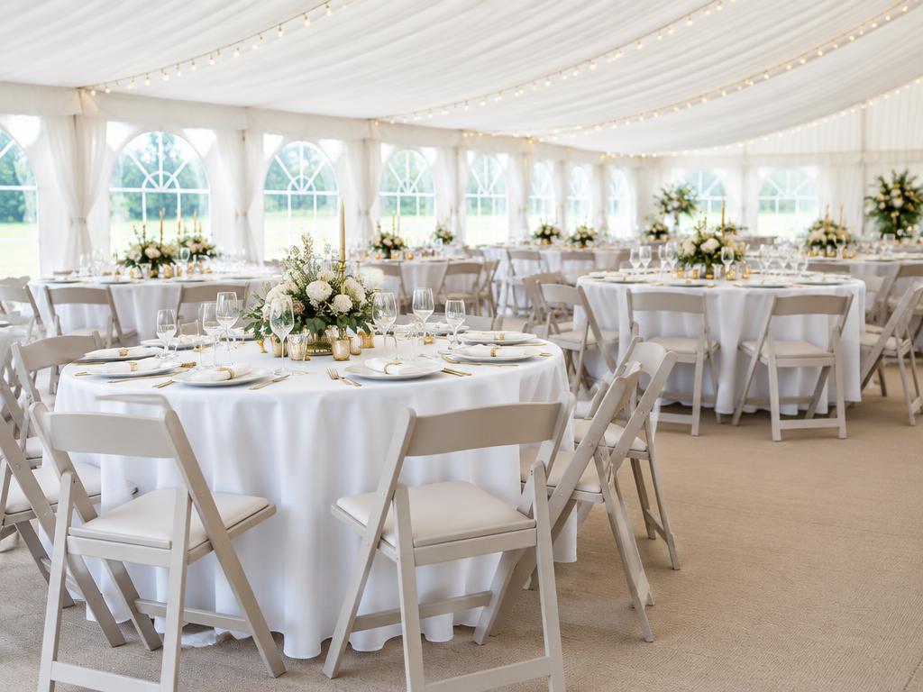 Chairs and round tables arranged inside a marquee